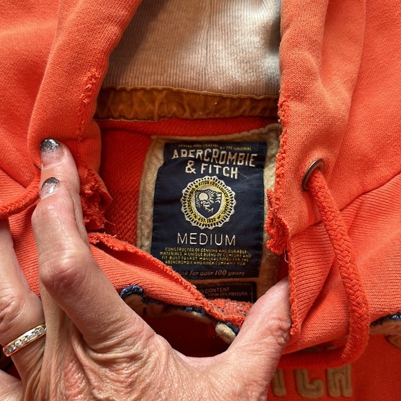 Men’s Abercrombie and Fitch, hooded, orange sweatshirt, size medium - Picture 3 of 4